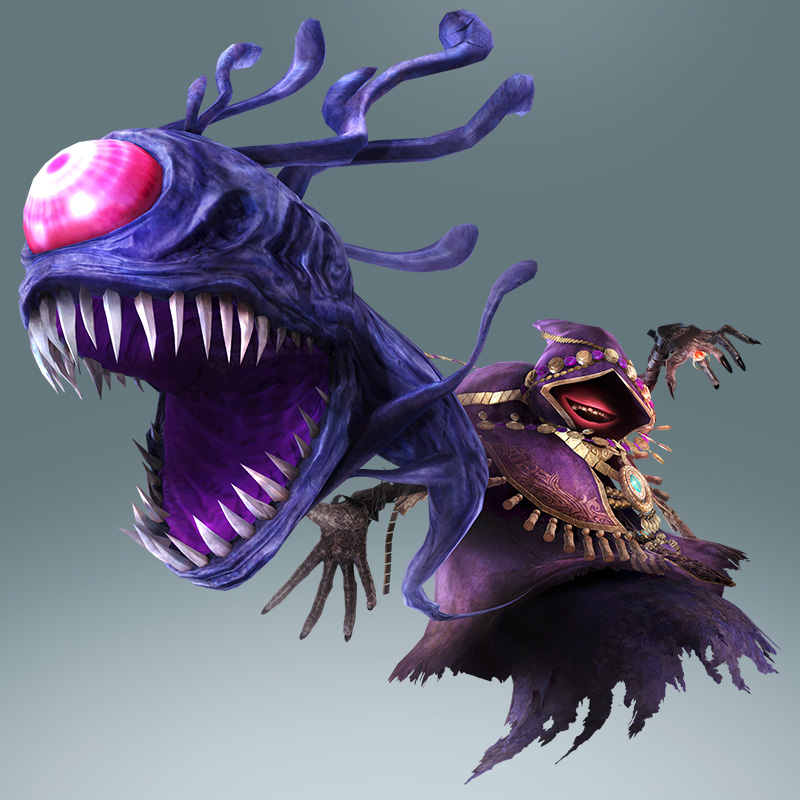 1boy, full_body, ghost, gradient, gradient_background, jewelry, official_art, pink_eye, ring, sharp_teeth, solo, teeth, the_legend_of_zelda, wizro, zelda_musou