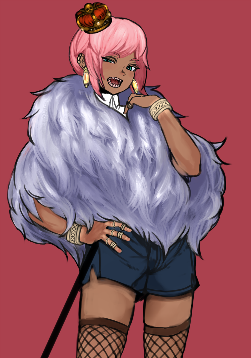 1boy, 2n5, androgynous, bracelet, crown, dark_skin, earrings, fishnets