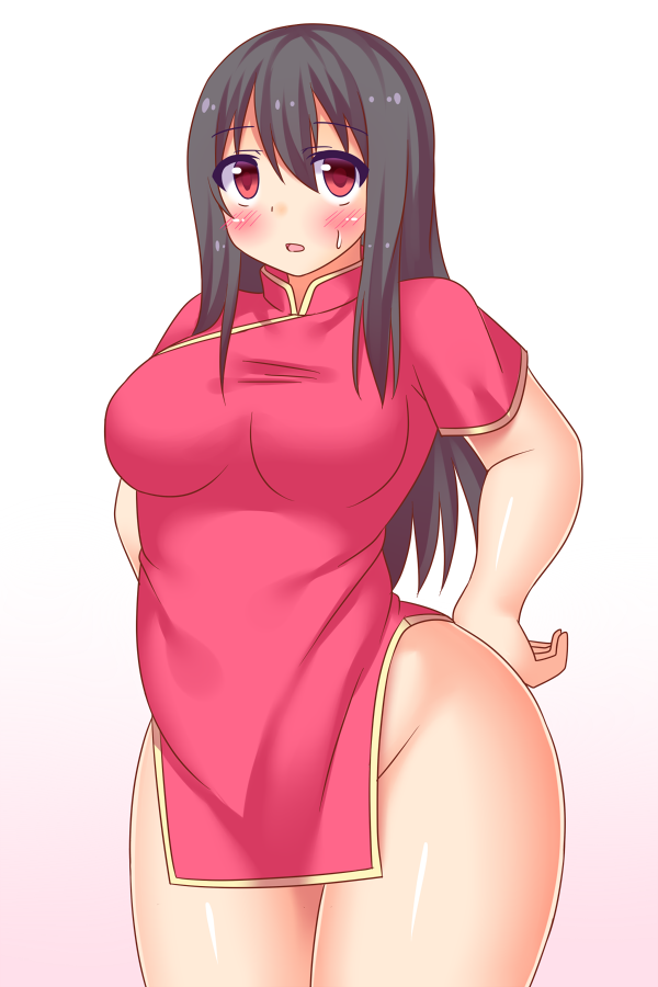 1girl, black_hair, blush, breasts, chinese_clothes, dress, female, long_hair