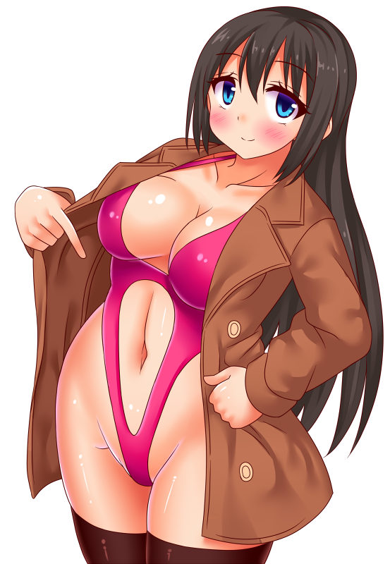 1girl, black_hair, black_legwear, blue_eyes, blush, breasts, coat, curvy