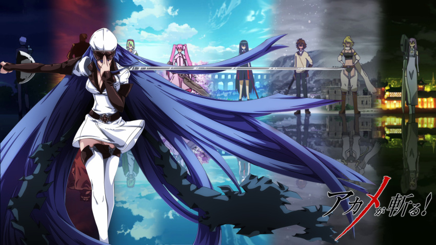 3boys, 6+girls, akame, akame_ga_kill!, blue_hair, breasts, bulat, esdeath