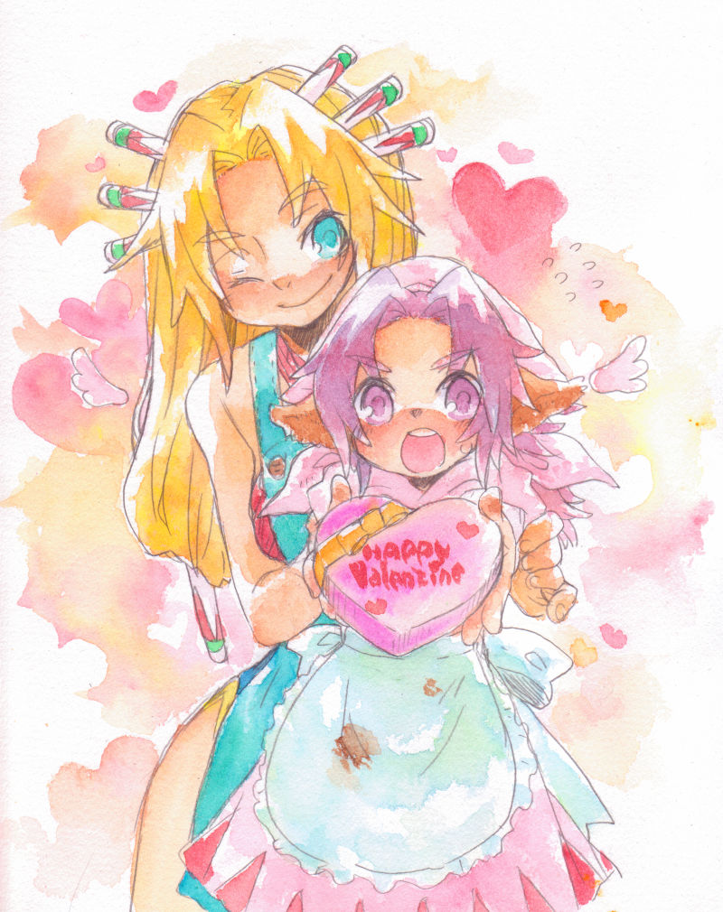 blonde_hair, blush, imu, legend_of_mana, lisa_(lom), mihoka, purple_hair, seiken_densetsu