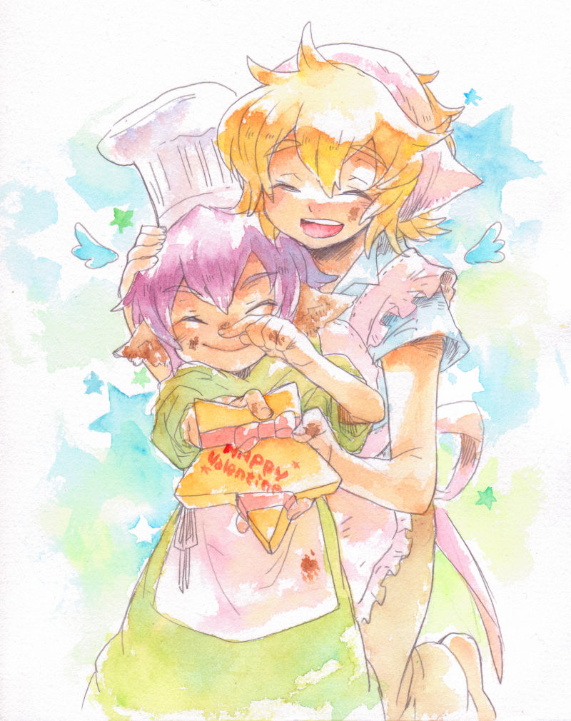 blonde_hair, bud_(lom), chef_hat, hat, legend_of_mana, mihoka, purple_hair, seiken_densetsu