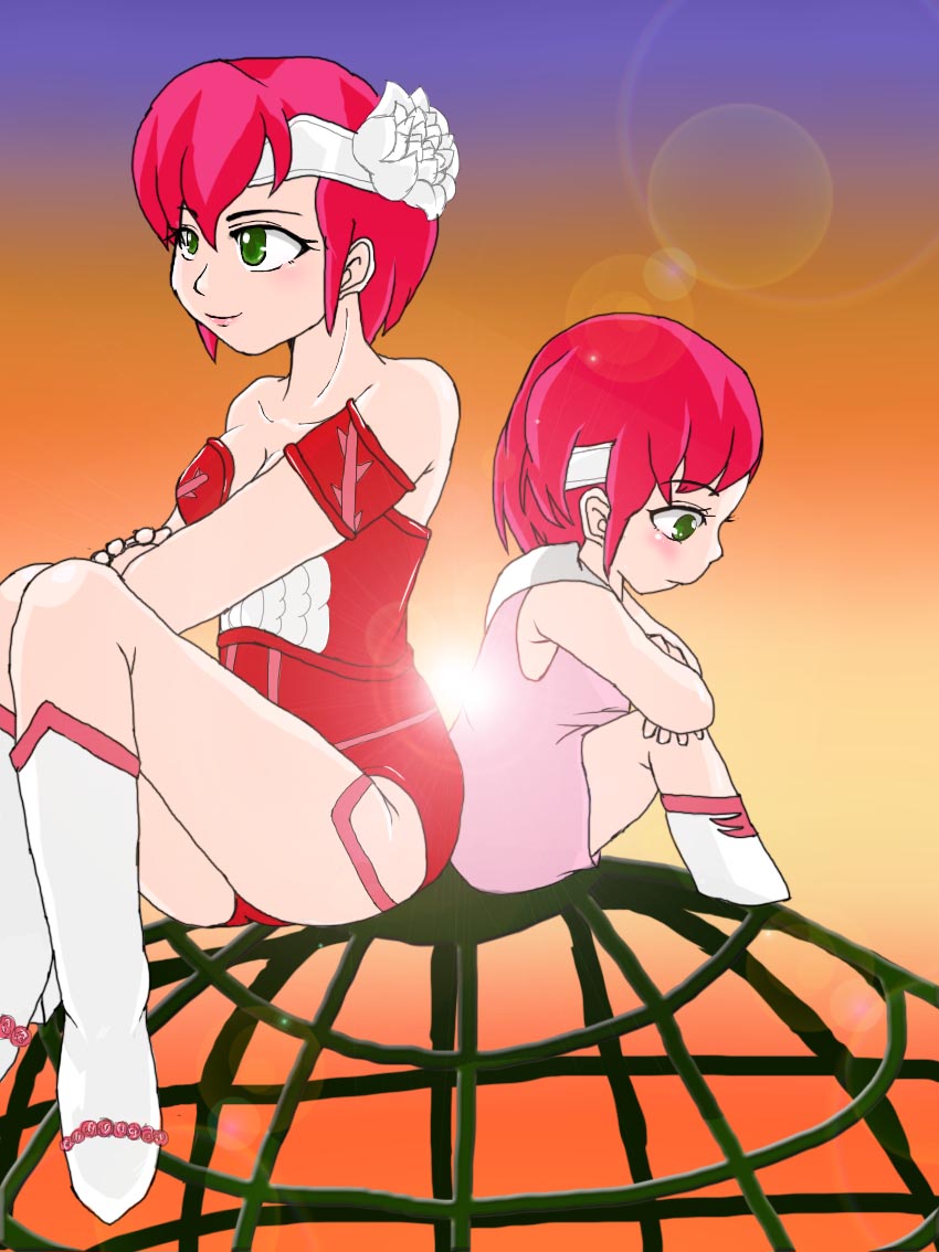 2girls, dual_persona, elle_de_rosenbach, green_eyes, headband, multiple_girls, multiple_persona, older