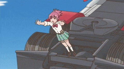 1girl, 2boys, animated, animated_gif, black_hair, explosion, glasses, ground_vehicle, helicopter, karaage_lemon, lowres, motor_vehicle, multiple_boys, pink_hair, sabagebu!, school_uniform, skirt, sonokawa_momoka, truck