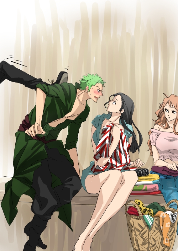 black_hair, blush, chikichiki_(robitema), eye_contact, green_hair, long_hair, looking_at_another, nami_(one_piece), nico_robin, one_piece, roronoa_zoro, sitting