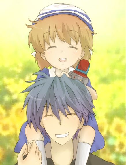 blue_hair, brown_hair, carrying, child, clannad, closed_eyes, father_and_daughter, hat