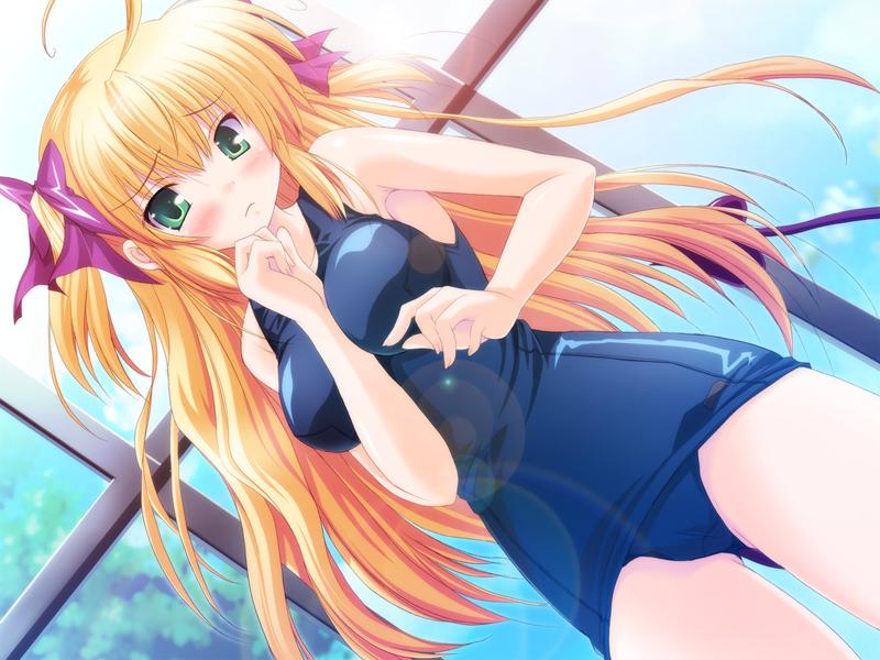 armpits, between_breasts, blonde_hair, blush, bow, breasts, dutch_angle, embarrassed