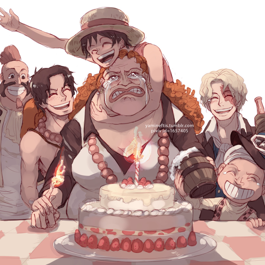 1girl, 5boys, bottle, cake, candle, cup, curly_dadan, dessert