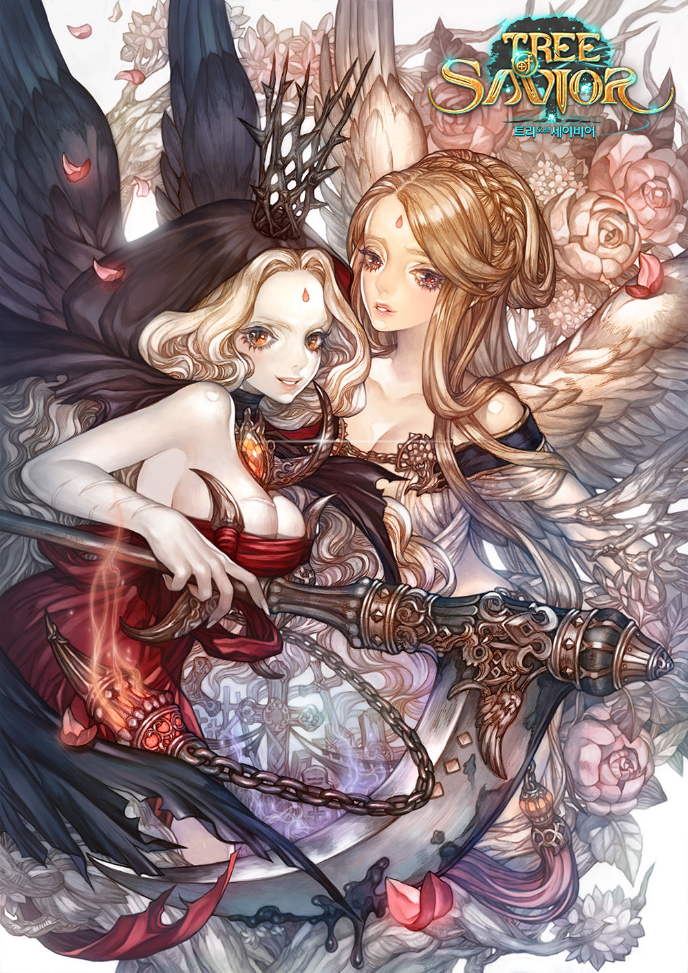 2girls, armpits, bare_shoulders, breasts, brown_eyes, brown_hair, cleavage, crown, dress, evil_smile, facial_mark, forehead_mark, giltine, highres, laima, large_breasts, lips, long_hair, looking_at_viewer, maggi, multiple_girls, off-shoulder_dress, off_shoulder, official_art, parted_lips, polearm, red_dress, scar, scythe, sideboob, smile, teeth, tree_of_savior, very_long_hair, weapon, white_dress, white_hair, wings, yellow_eyes