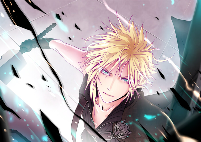 1boy, aoi_shouko_(niburusan), blonde_hair, blue_eyes, cloud_strife, final_fantasy, final_fantasy_vii, gloves, looking_at_viewer, male_focus, solo, sword, weapon