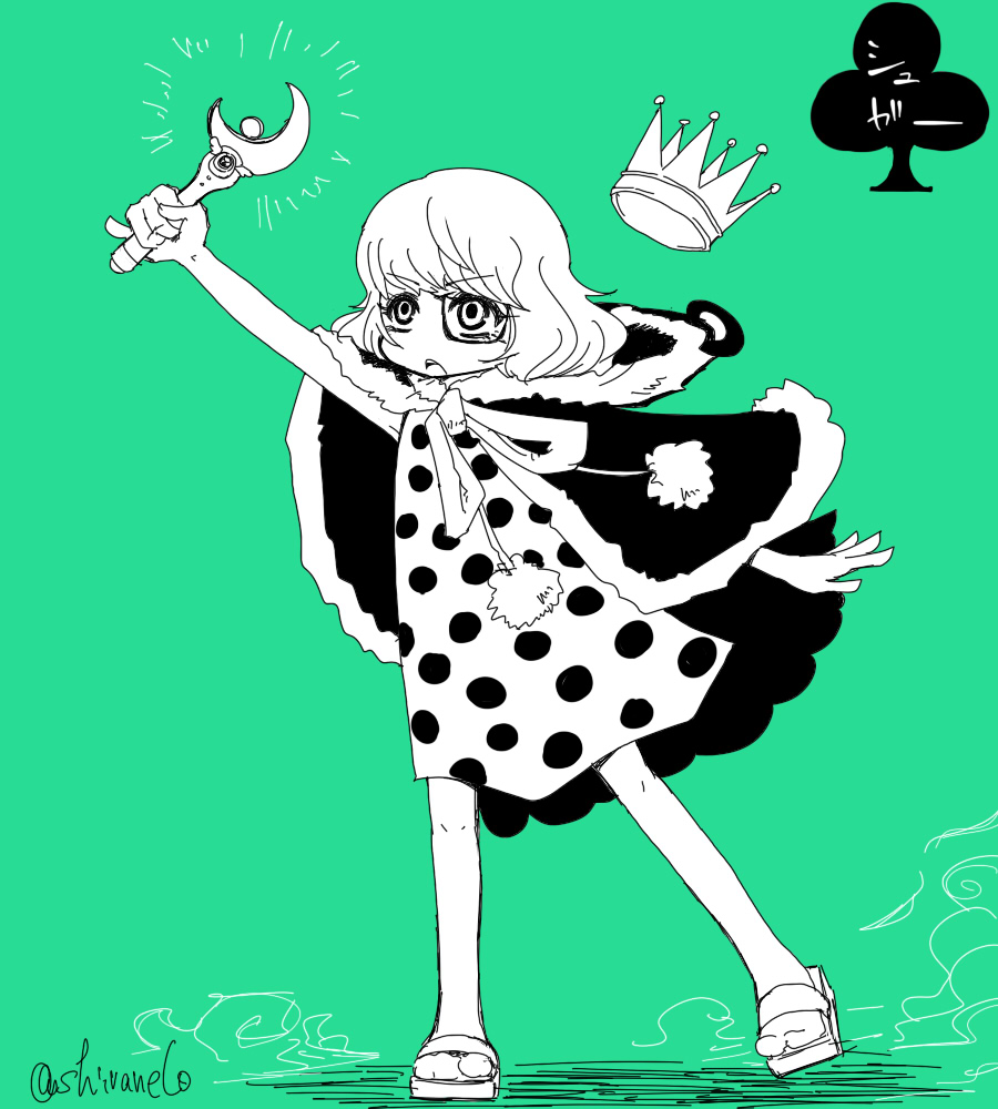 1girl, color_background, crown, dress, dressrosa, monocle, one_piece, polka_dot, polka_dot_dress, sandals, shivanel, souji_(souji-59), sugar_(one_piece)