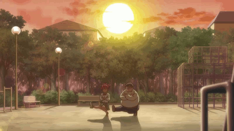 1boy, 1girl, animated, animated_gif, black_hair, glasses, karaage_lemon, pink_hair, sabagebu!, school_uniform, skirt, sonokawa_momoka, tagme