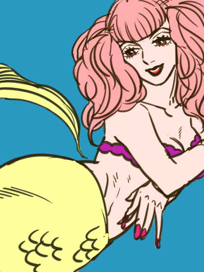 1girl, brown_eyes, fishman_island, hiramera, kyonko_(artist), long_hair, lowres, mermaid, monster_girl, one_piece, pink_hair, solo