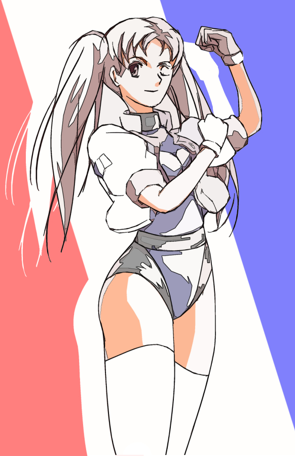 1girl, brown_eyes, brown_hair, female, flag, gloves, jacket, leotard, long_hair, namco, numan_athletics, sharon_(numan_athletics), thigh-highs, twintails, wink