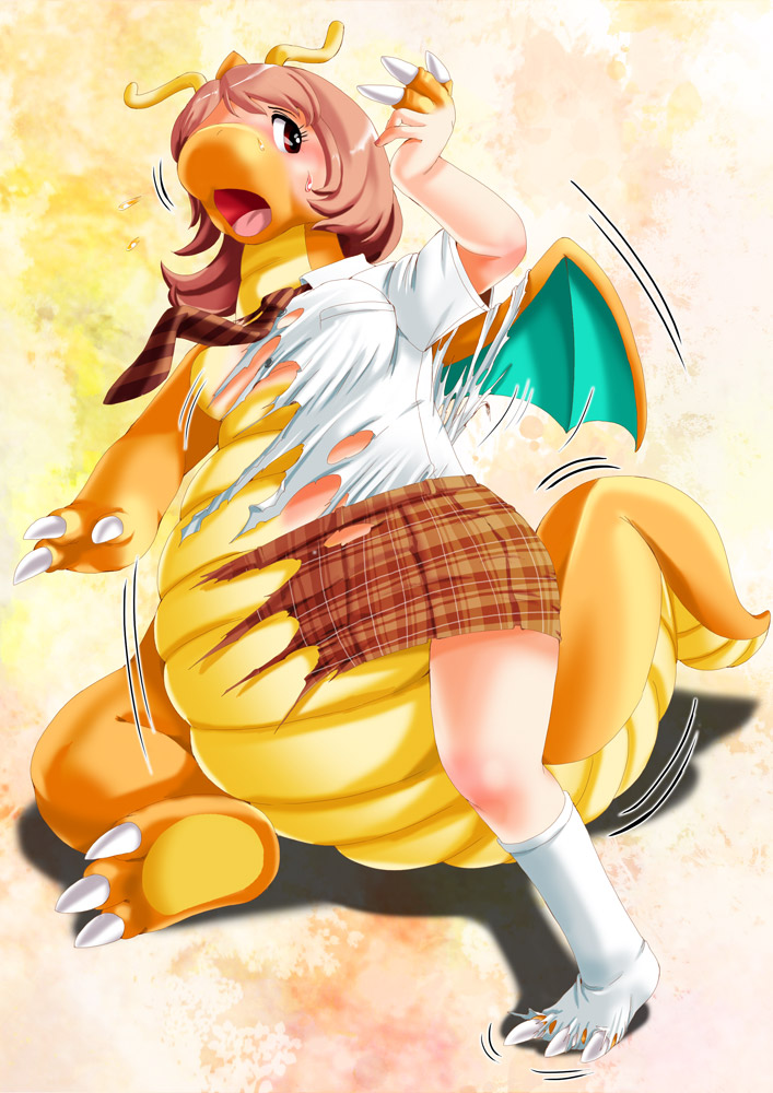 brown_hair, dragonite, edmol, pokemon, red_eyes, torn_clothes, transformation