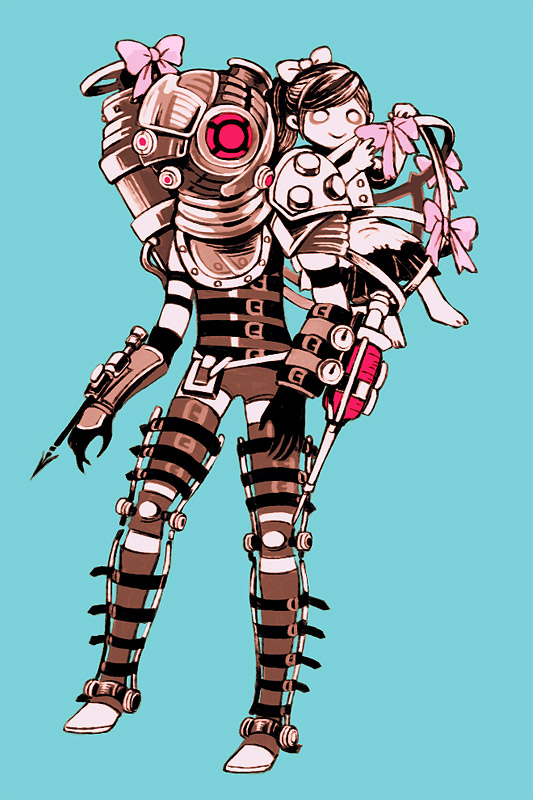 2girls, atrium_(artist), big_sister_(bioshock), bioshock, bioshock_2, boots, diving_suit, helmet