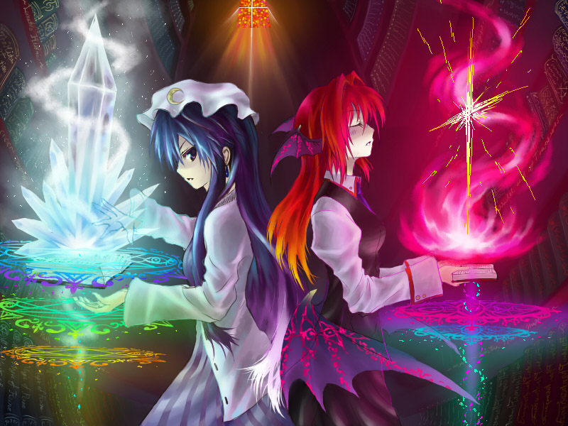 alternate_wings, back-to-back, bat_wings, book, bookshelf, closed_eyes, colored_eyelashes, crescent, cross, crystal, dress, dress_shirt, earrings, eyelashes, fire, glowing, hat, head_wings, ice, jewelry, koakuma, long_hair, looking_back, low_wings, magic, magic_circle, multiple_girls, open_book, patchouli_knowledge, purple_dress, sandaime, shirt, skirt, skirt_set, stained_glass, striped, striped_dress, touhou, vertical_stripes, very_long_hair, vest, voile, white_shirt, window, wings