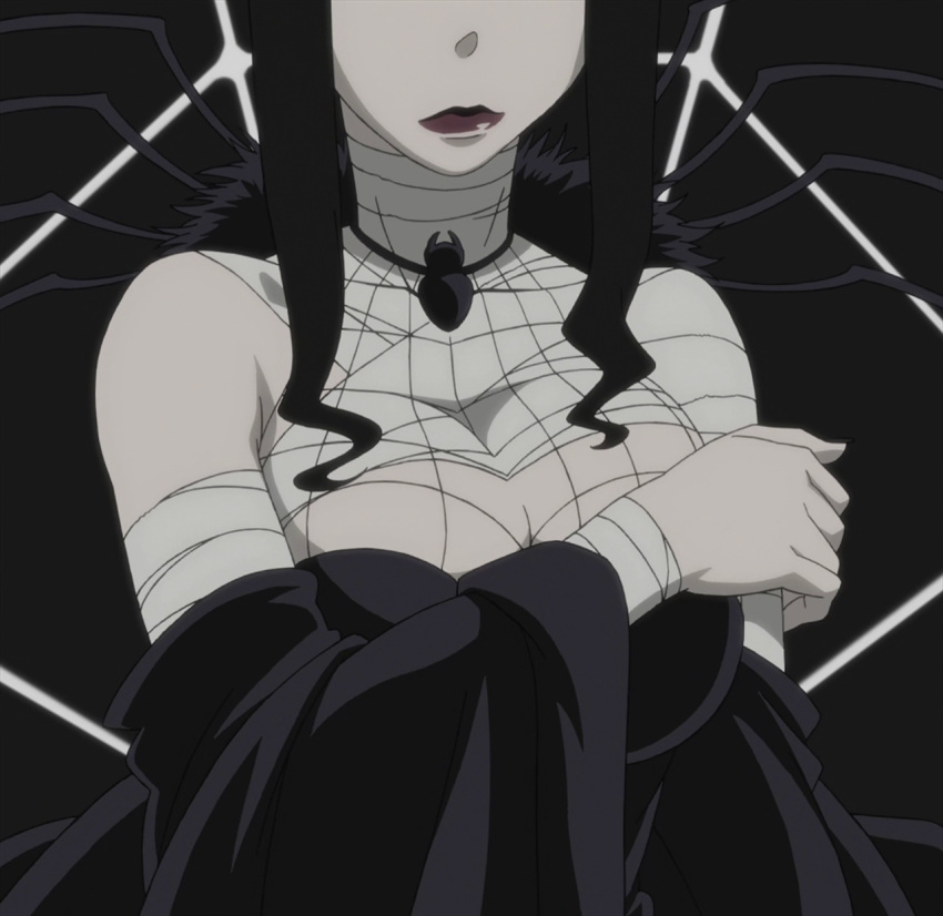 1girl, arachne_gorgon, bandage, black_hair, breasts, covering, covering_breasts, lipstick, makeup, screencap, solo, soul_eater, stitched, upper_body