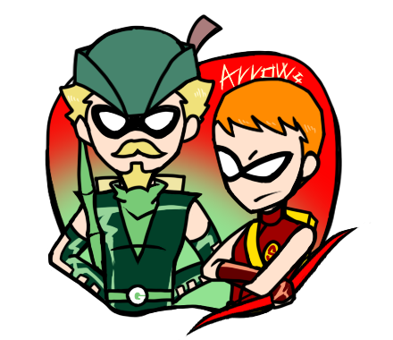 2boys, apple, arrow, beard, blonde_hair, bow_(weapon), chibi, dc_comics
