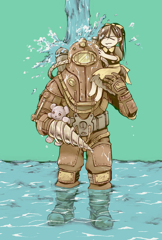 1girl, apron, atrium_(artist), big_daddy_(bioshock), bioshock, bioshock_2, boots, closed_eyes