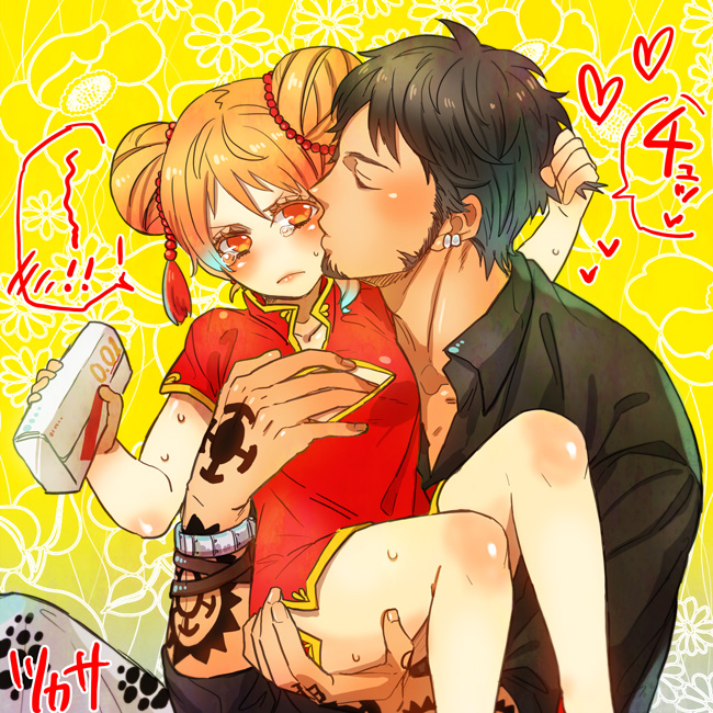 1boy, 1girl, carrying, closed_eyes, double_bun, frown, hair_pull, heart