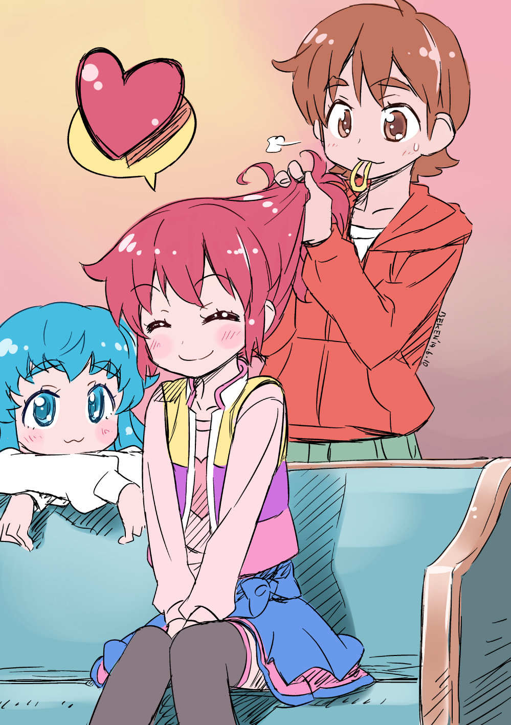 1boy, 2girls, aino_megumi, blue_eyes, blue_hair, blush, brown_eyes, brown_hair