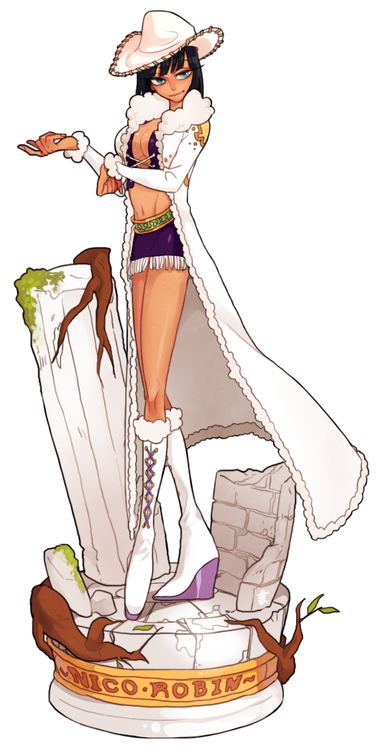 1girl, black_hair, blue_eyes, boots, character_name, cowboy_hat, fringe, hat, jacket, jeremy_(artist), legs, long_hair, looking_at_viewer, midriff, navel, nico_robin, one_piece, purple_skirt, ruins, skirt, solo, standing, transparent_background, white_hair, white_shoes