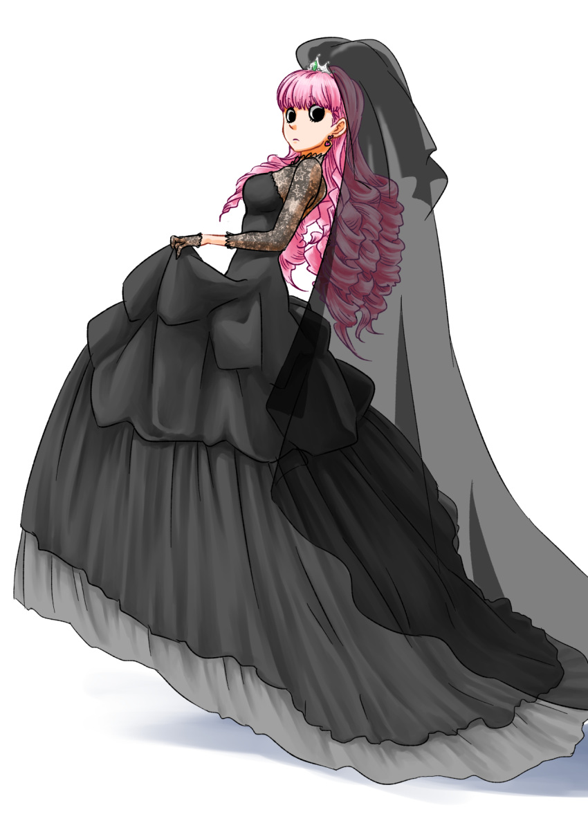 1girl, black_dress, dress, drill_hair, earrings, gloves, jewelry, long_hair, looking_at_viewer, one_piece, perona, pink_hair, show-nosuke, solo, very_long_hair, wedding_dress