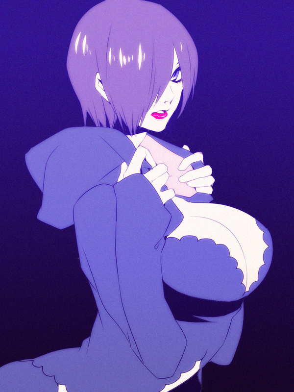 1girl, akizuki_hakuto, breasts, cleavage, hair_over_one_eye, hood, hoodie, large_breasts