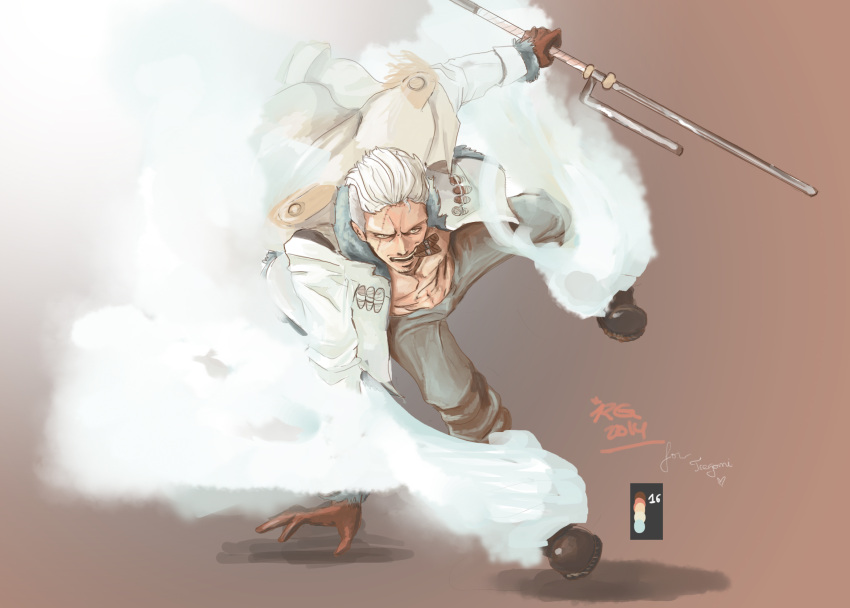 10s, 1boy, 2014, cigar, gloves, highres, jacket, jitte, male_focus, one_piece, rachel_(vitruvius), scar, smoke, smoker_(one_piece), solo, weapon, white_hair