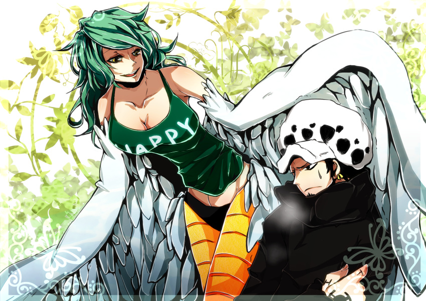 1374597, 1boy, 1girl, facial_hair, frown, green_hair, harpy, hat