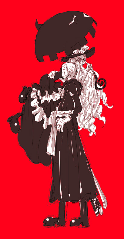 1boy, 1girl, dress, drill_hair, hat, long_hair, one_piece, parasol, perona, red_background, roronoa_zoro, simple_background, standing, umbrella, very_long_hair, yamadaenako