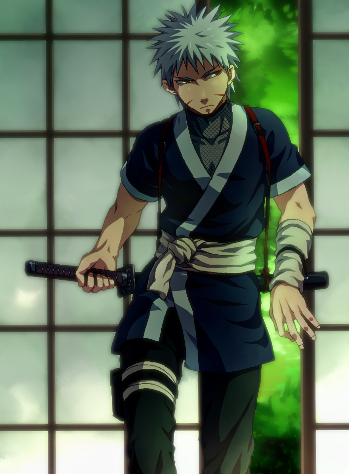 1boy, facial_mark, grey_hair, male_focus, morori, naruto, ninja, senju_tobirama, solo, sword, weapon