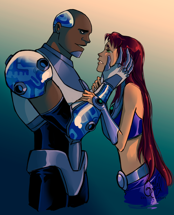 1boy, 1girl, alien, bangs, cartoon_network, cyborg, cyborg_(dc), dark_skin