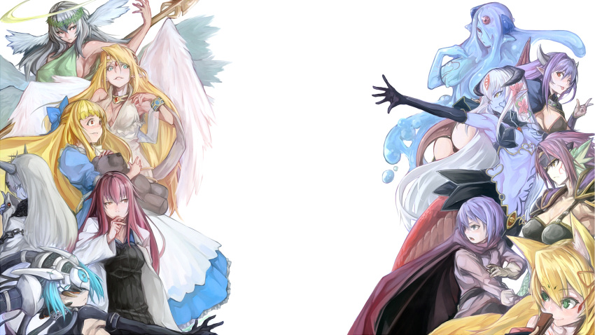1boy, 6+girls, alisfieze_fateburn_xvi, alma_elma, alternate_hair_color, android, angel, angel_wings