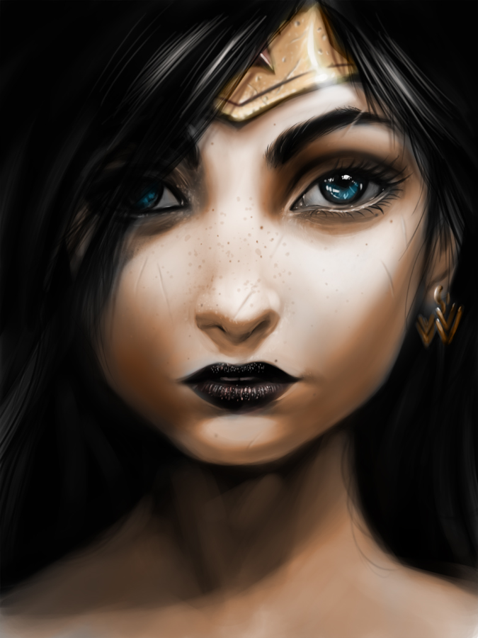 1girl, amazon, black_hair, black_lipstick, blue_eyes, dc_comics, donna_troy, lipstick, makeup, portrait, solo, star, tiara, wonder_woman, wonder_woman_(series)