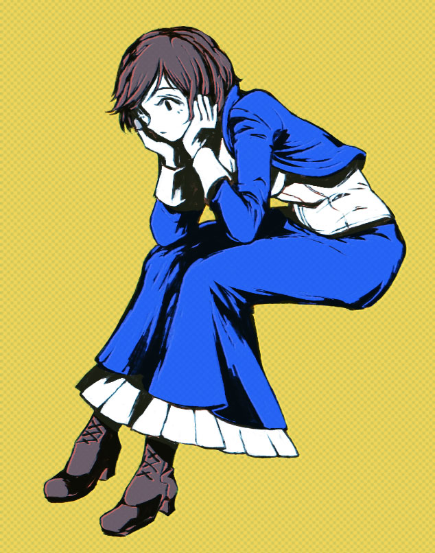 1girl, atrium_(artist), bioshock, bioshock_infinite, boots, brown_hair, cropped_jacket, dress, elizabeth_(bioshock_infinite), short_hair, wrist_cuffs