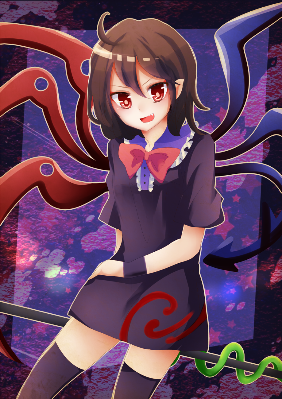 1girl, ahoge, arm_behind_back, asymmetrical_wings, black_hair, black_legwear, dress, fang, highres, houjuu_nue, looking_at_viewer, mayo_(mayomr29), multiple_wings, open_mouth, pointy_ears, polearm, red_eyes, short_hair, smile, solo, thigh-highs, thighs, touhou, trident, weapon, wings, wristband, zettai_ryouiki