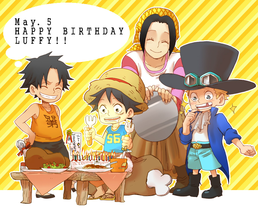 1girl, 3boys, birthday, black_hair, blonde_hair, brothers, cake, dessert, east_blue, food, hat, makino_(one_piece), monkey_d_luffy, multiple_boys, one_piece, portgas_d_ace, sabo_(one_piece), siblings, smile, tanaka_(wsuzuw), younger