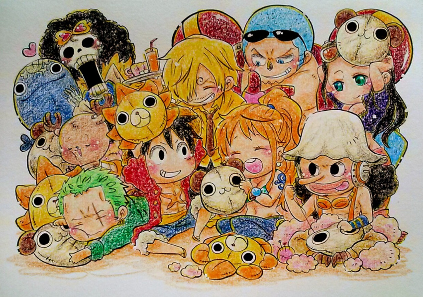 black_hair, blonde_hair, blue_hair, brook, character_doll, chibi, franky, going_merry