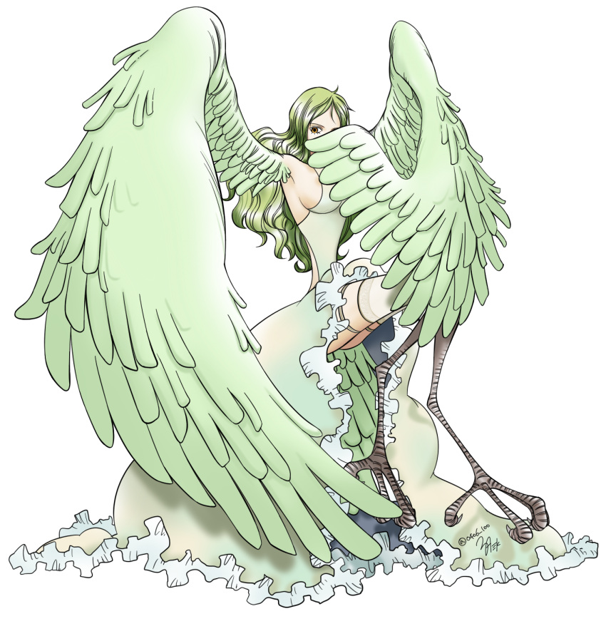 0406_100, 1girl, alternate_costume, breasts, covering_face, domi, donquixote_pirates, dress, feathered_wings, frilled_dress, frills, green_hair, harpy, highres, large_breasts, long_hair, monet_(one_piece), monster_girl, one_piece, sideboob, signature, sitting, solo, thigh-highs, thigh_strap, wavy_hair, wings, yellow_eyes