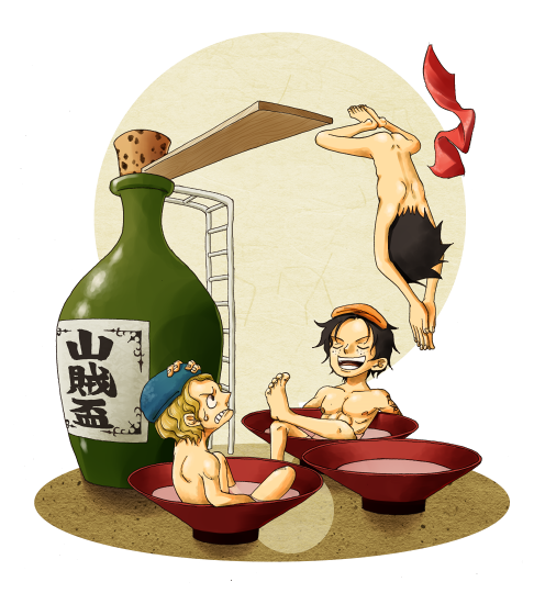 3boys, alcohol, blonde_hair, bottle, brothers, chibi, diving, diving_board