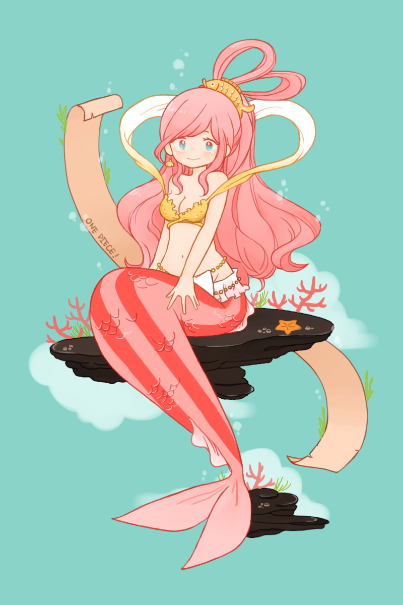 1girl, blue_eyes, cheese_ming, mermaid, monster_girl, one_piece, pink_hair, princess, scroll, shirahoshi, smile
