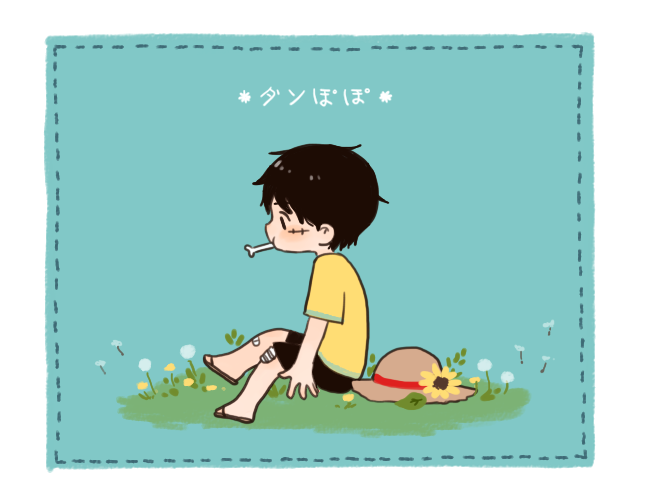1boy, bandage, cheese_ming, eating, flower, food, hat, headwear_removed