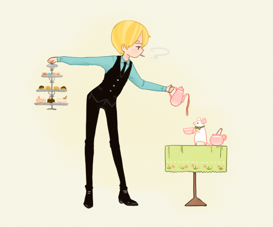 1boy, black_necktie, black_pants, black_shoes, blonde_hair, blue_shirt, bow, bowtie, cheese_ming, cigarette, cup, dessert, food, male_focus, mouse, necktie, one_piece, pants, pastries, sanji, shirt, shoes, smoking, table, table_cloth, tea, teacup, teapot, tiered_serving_stand, waistcoat, white_mouse