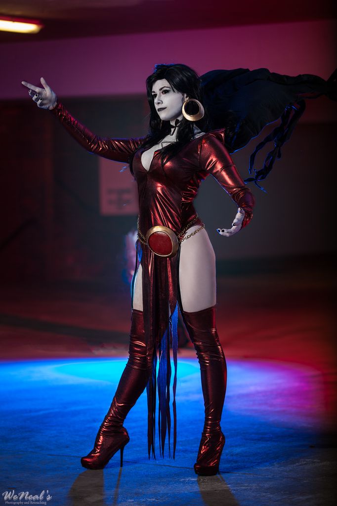 1girl, black_hair, boots, cosplay, dark_angel, dc_comics, dress, high_heel_boots, high_heels, long_hair, michelle_bara, nail_polish, pale_skin, photo, red_dress, red_shoes, shoes, side_slit, silver_shade, solo, standing, wonder_woman_(series)