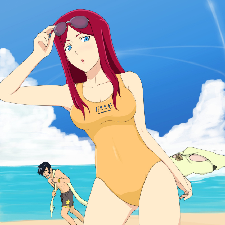 1boy, 1girl, absurdres, beach, dandy_(space_dandy), highres, maimai251, scarlet_(space_dandy)