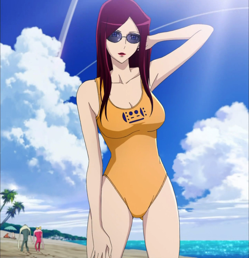 1boy, 2girls, arm_behind_head, arm_up, armpits, beach, blue_eyes, blue_sky, breasts, cleavage, clouds, condensation_trail, highres, large_breasts, lens_flare, lipstick, long_hair, looking_at_viewer, makeup, mound_of_venus, multiple_girls, ocean, one-piece_swimsuit, palm_tree, redhead, scarlet_(space_dandy), screencap, sky, space_dandy, sunglasses, swimsuit, tree