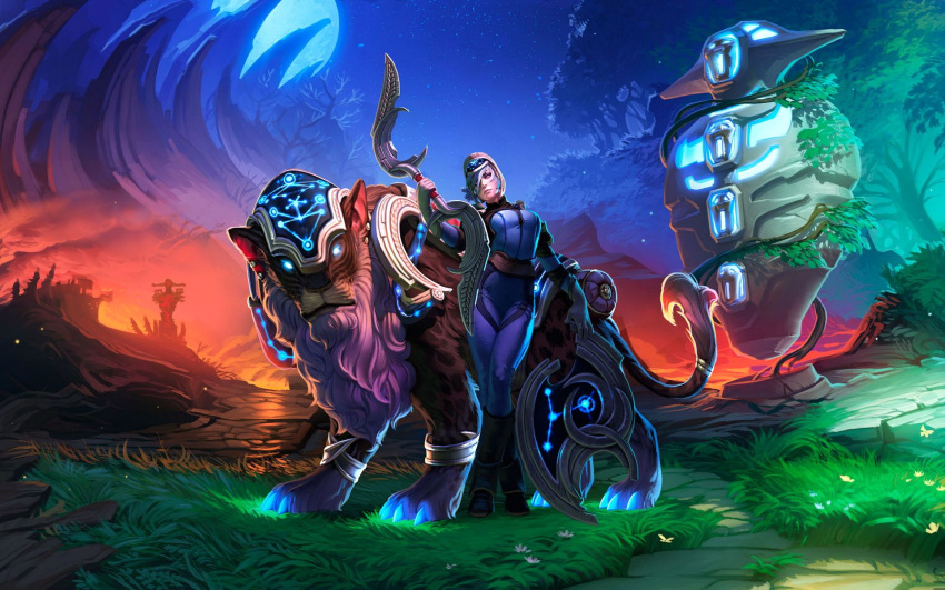 1girl, animal, bodysuit, defense_of_the_ancients, glowing, glowing_eyes, long_hair, looking_at_viewer